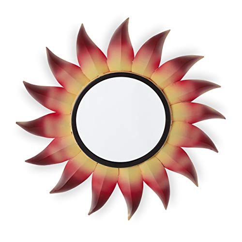 Relaxdays Espejo de Pared con Forma de Sol, Diseño C, Redondo, para Colgar, Metal, 1 Ud, Amarillo & Rojo, 1Ud