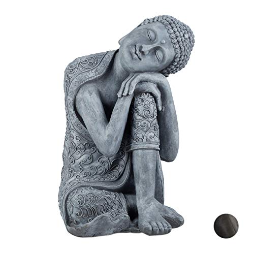 relaxdays Estatua Buda pensativo para jardín o salón, Resina Sintética, Gris Claro, 60 cm, cerámica