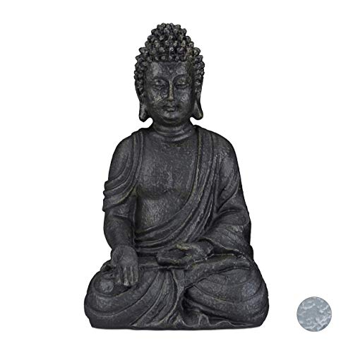 Relaxdays Estatua Buda Sentado para Jardín, Resina Sintética, Gris Oscuro, 40 cm