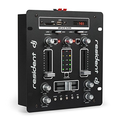 Resident DJ DJ-25 - DJ-Mixer, Mesa de Mezclas, 2 Canales, Compacta, Bluetooth, USB, SD, 2 entradas de línea, Fácil de Usar, Sólida, Pantalla LCD, 2 terminales para Altavoz, Negro/Blanco