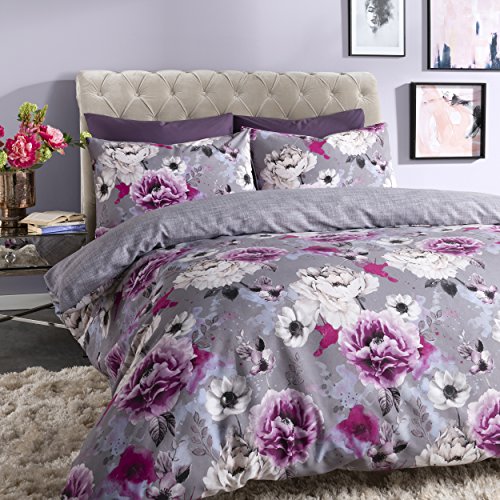 Sleepdown Inky Floral Grey Juego de Funda de edredón tamaño King, algodón, Gris, Matrimonio