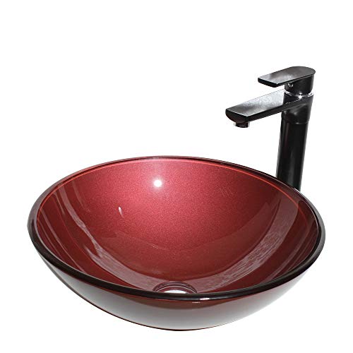 SLTWX Fregadero artístico del Recipiente del Cuarto de baño, tazón de Fuente de Lavado moderado Redondo Moderno del Lavabo de Cristal, sobre del Lavabo de la vanidad del Lavabo del Cuarto de baño