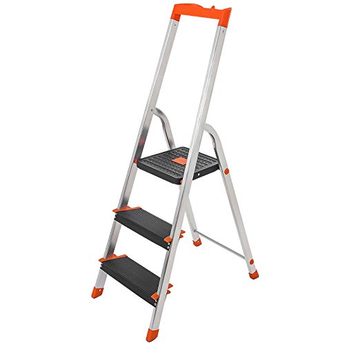 SONGMICS Escalera de 3 Peldaños, Escalera de Aluminio Plegable, Peldaños de 12 cm de Ancho con Ranuras, Pies Antideslizantes, Pasamanos, Portaherramientas, Carga 150 kg, TÜV Rheinland, Plata GLT03BK SONGMICS Escalera de 3 Peldaños, Escalera de Aluminio Plegable, Peldaños de 12 cm de Ancho con Ranuras, Pies Antideslizantes, Pasamanos, Portaherramientas, Carga 150 kg, TÜV Rheinland, Plata GLT03BK