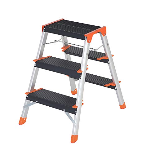 SONGMICS Escalera de 3 Peldaños, Escalera de Aluminio Plegable, Peldaños en Forma de A, de Doble Cara, Peldaños de 12 cm de Ancho con Ranuras, Pies Antideslizantes, carga 150 kg, Plata GLT23BK