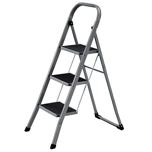 SONGMICS Escalera de 3 Peldaños, Escalera Plegable, Anchura del Peldaño 20 cm, Goma Antideslizante, con Asa, Carga de 150 kg, Acero, Gris y Negro GSL003GY01