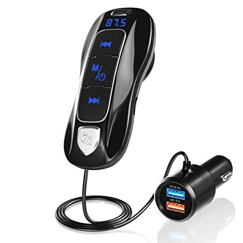 SONRU Más NuevoTransmisor FM Bluetooth 5.0, Manos Libres y Adaptador de Radio para Vehículos, Reproductor MP3 Coche, QC3.0 + 5V/2.4A USB Puertos con Cable de 1.1M, Pantalla de Voltaje