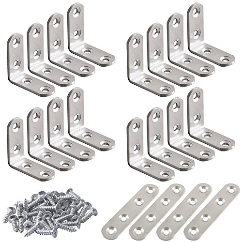 Soportes de esquina de acero inoxidable de 20 piezas, FineGood 10 piezas 40 x 40 mm Soporte en forma de L de ángulo recto de 90 grados y 4 piezas de sujetadores para silla de madera, con 80 tornillos Soportes de esquina de acero inoxidable de 20 piezas, FineGood 10 piezas 40 x 40 mm Soporte en forma de L de ángulo recto de 90 grados y 4 piezas de sujetadores para silla de madera, con 80 tornillos