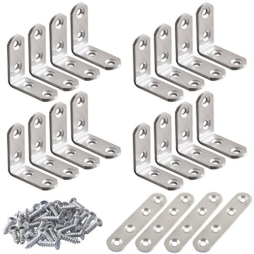 Soportes de esquina de acero inoxidable de 20 piezas, FineGood 10 piezas 40 x 40 mm Soporte en forma de L de ángulo recto de 90 grados y 4 piezas de sujetadores para silla de madera, con 80 tornillos