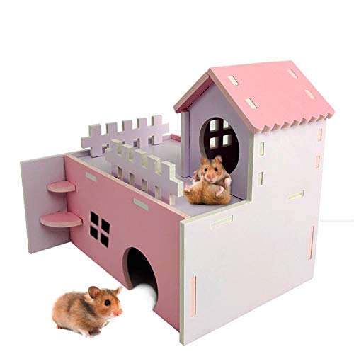 Sue-Supply Hamster Wood Hideout House Villa Balcón Hamster Cage Toy Chinchilla Hedgehog Guinea Pig Cama Accesorios Jaula Juguetes