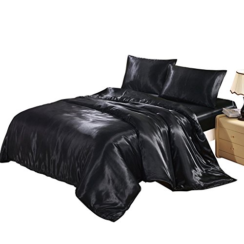 Surfmalleu 4PCS Juego de Sábanas Conjunto Funda Cubierta Kit de Cama de Edredón Satén Nórdica Bajera Almohada de Seda Moderna Suave 150 * 200 200 * 230 220 * 240 cm (Negro, 1.5m)