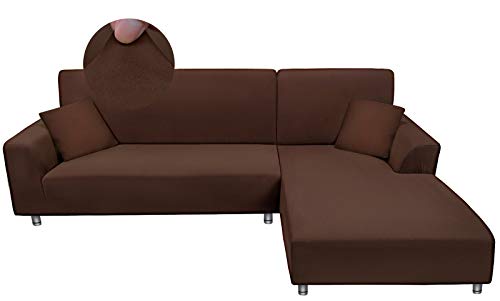 Taiyang Funda para Sofà Seccional, Fundas para Sofa Chaise Longue, Funda de sofá en Forma de L de Tela Elástica y Cómoda con 2 Fundas de Almohada ( 3 Asientos + 2 Asientos, Marrón)