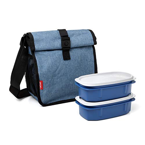 TATAY Urban Food Roll&Go Denim Blue - Bolsa térmica porta alimentos enrollable con 2 tápers herméticos incluidos, 4.2 l, tela, color tejano con tapers a juego, 22 x 11 x 22.5 cm