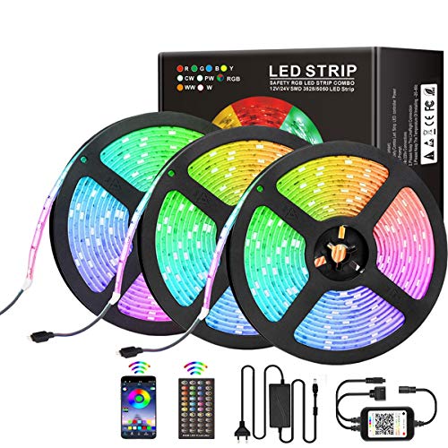 Tiras LED 15M, Tira de luz LED Bluetooth 5050 RGB 450 LEDs Cambio de Color de Sincronización de Música, Controlado por 44 teclas RF Remote & App Inteligente, para Bar Party Decoración del hogar (3X5M)