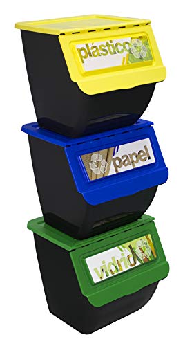 TransformaHogar - Contenedor de Reciclaje apilable New Eco-Box 36 litros. Talla 39 x 39 x 108 cm (Amarillo Verde Azul)
