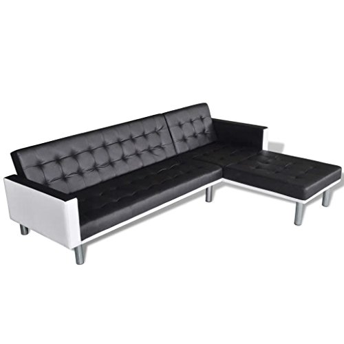 UnfadeMemory Sofa Cama de Salon en Forma de L,Decoración de Hogar,Diseño Moderno,Modo de Sofá con 2 Posiciones Ajustables,Estructura de Madera,Tapicería de Cuero Sintético (Negro y Blanco)