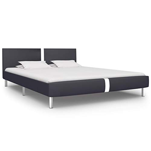 vidaXL Cama Matrimonio Estructura Hierro + Somier Láminas + Cabecero Tapizada Piel Sintética 180x200 cm Cuero Artificial MDF Patas Acero Negra Plata