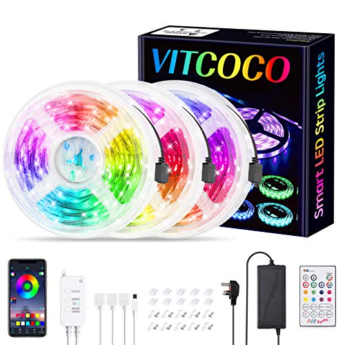 VITCOCO 15M Tira LED Bluetooth, LED Strip 5050 RGB de Impermeable Flexibles Multicolor Strip Con Mando a Distancia y Adaptador Corriente Para TV/Fiestas