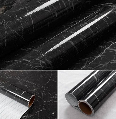 WDragon Vinilo autoadhesivo de mármol negro gris brillante para encimera de cocina, 61 x 200 cm
