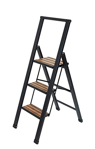 WENKO Escalera plegable en diseño de aluminio 3 peldaños negro - Escalera doméstica antideslizante, escalera de tijera de seguridad, Aluminio recubierto, 44 x 127 x 5.5 cm, Negro