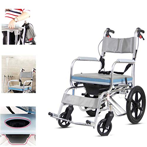 YHLZ Aleación de aluminio silla de ruedas plegable Cinturón WC 4-en-1 plegable WC con silla de ruedas, silla de transporte con ruedas de ducha a prueba de agua, anti-vuelco pequeña rueda, pedales y fr