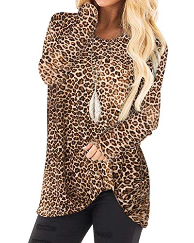 YOINS playeras sueltas de manga larga con cuello redondo estampado para mujer con blusa de diseño frontal cruzado Leopard-khaki 46
