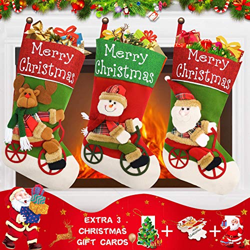 YoMont Juego de 3 calcetines navideños de 46 x 32 cm, para árbol de Navidad, fiestas, Navidad, calcetín de Papá Noel con tarjeta de felicitación.