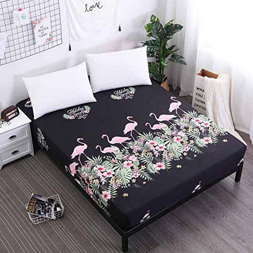 zlzty Fitted Sheet with Elastic Band Deep 25cm Mattress Cover Bedding Linens Bed Sheets,Single Duvet Cover,Kingsize Bedding Set@Black Flamingo_200x200x25cm