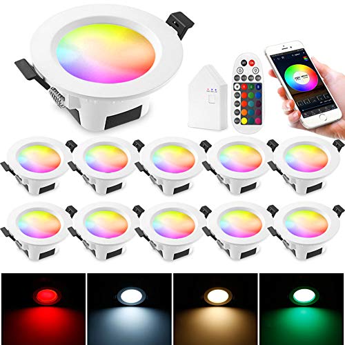 10 focos LED empotrables con WiFi, Bluetooth, 9 W, 230 V, RGBWC empotrables, 16 millones de colores, con mando a distancia, Smart Bridge, compatible con Alexa Google Home