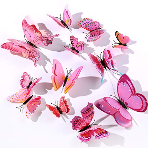 12 Piezas Mariposa Pegatinas De Pared Etiquetas Engomadas,3D Mariposas Decorativos Adhesivos Murales Para Niños Habitación Y Sala De Chicas (Rosa)