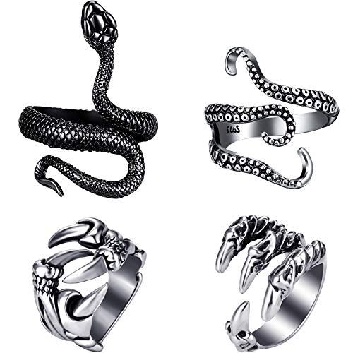 4 Piezas Anillos de Punk Vintage Anillo Ajustable de Acero Inoxidable de Dragón Pulpo(Garra de Dragón, Pulpo, Garra de Lobo, Serpiente)