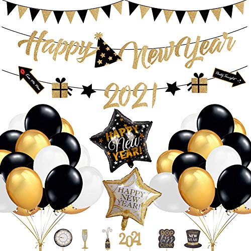 55 PACK Año Nuevo Set de decoración, 2021 Happy New Year Banderines guirnaldas, Estrella Globo de papel, Decor para cupcakes con purpurina, para Suministros de decoración de fiesta 55 PACK Año Nuevo Set de decoración, 2021 Happy New Year Banderines guirnaldas, Estrella Globo de papel, Decor para cupcakes con purpurina, para Suministros de decoración de fiesta