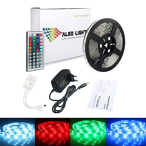 5M Impermeable Tiras de Luz LED ALED LIGHT 5050 SMD RGB Multicolor 150 LEDs Luces Led Strip de Exterior + Control Remoto de 44 Botones + Fuente de Alimentación