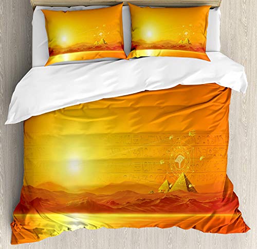 695 Juego de ropa de cama con diseño de geometría sagrada colgante en el aire, diseño de escena antigua, 3 piezas con fundas de almohada, tamaño Queen/Full, amarillo naranja