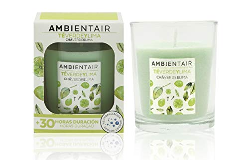 Ambientair. Vela aromática de Té Verde y Lima. Vela perfumada con cera vegetal y perfume natural. Duración estimada de 30 horas. Disfruta de la aromaterapia en tu casa con esta vela en vaso de cristal