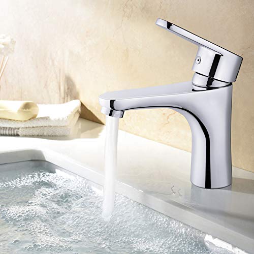 Amzdeal Grifo de lavabo, Grifo para baño con cartucho de cerámica y Neoperl aireador, Grifo monomando para lavabo, Agua Fría y Caliente disponible, Latón, Cromado