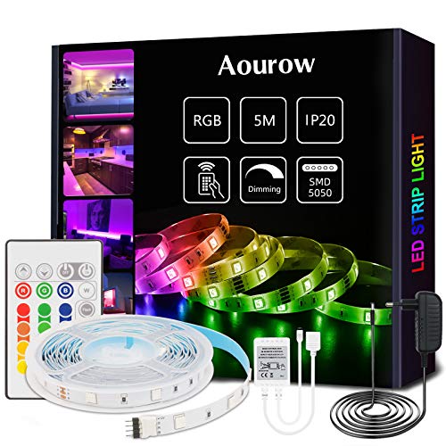 Aourow Tira LED 5m RGB,Tiras LED Flexible con Control Remoto de 24 Teclas y Adaptador de 12V,LED Strip Multicolor 5050 SMD 150 LEDs con Autoadhesivo para Decoración,No Impermeable