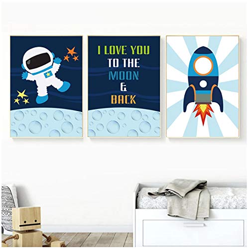 Arte de pared de dibujos animados, póster cósmico del espacio exterior pintura en lienzo de cohete astronauta sala de estar, decoración del hogar 23,6 x 31,4 pulgadas (60 x 80 cm) sin marco 3 piezas