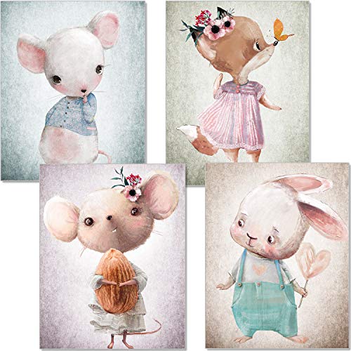 artpin® Juego de 4 imágenes para habitación infantil – póster A4 para habitación de bebé – Ratón zorro Conejo Colores Pastel Decoración Niña P56