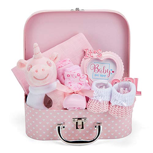 Baby Gift Set - Pink Hamper Box for Baby Girl with Baby Gifts Including a Rattle, Photo Frame, Muslin Cloth, Bib, Socks, Mitts and Hat… Baby Gift Set - Pink Hamper Box for Baby Girl with Baby Gifts Including a Rattle, Photo Frame, Muslin Cloth, Bib, Socks, Mitts and Hat…