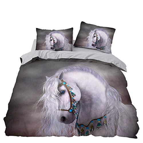 BATTE Juego de funda de edredón de caballo, diseño de animales en 3D, funda de edredón suave con fundas de almohada para habitación familiar de hotel, 135 x 200 cm