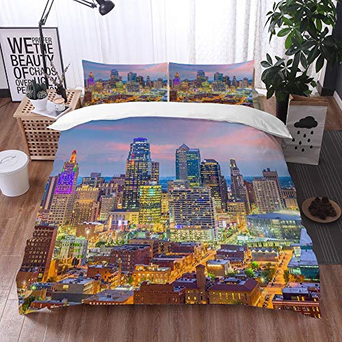 Bedding Juego de Funda de Edredón -Kansas City, Missouri, EE.UU. Paisaje Urbano céntrico en el crepúsculo/Microfibra Funda de Nórdico (Cama 135 x 200 cm + Almohada 50X80 cm)