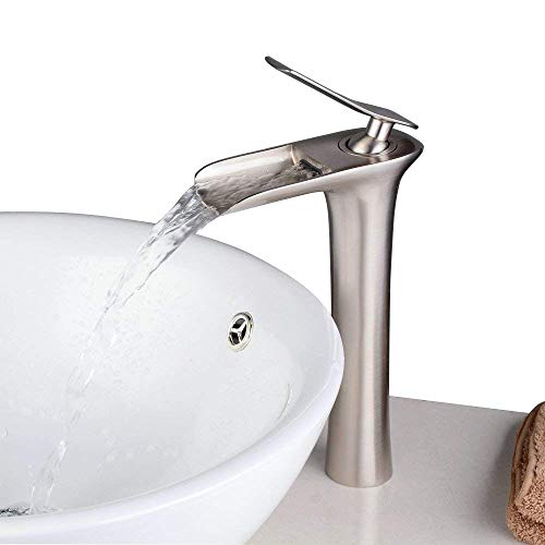 Beelee BL9009NH - Grifo de Lavabo Cascada, Grifo Fregadero Monomando de Baño, Acabado en níquel cepillado