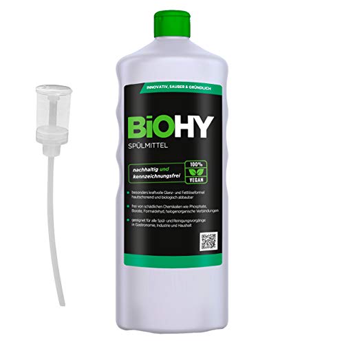BiOHY Lavavajillas a mano (1 botella de 1 litro) + Dosificador | Libre de fosfatos | libre de químicos dañinos y biodegradables | Adecuado para la restauración, la industria y el hogar (Spülmittel)