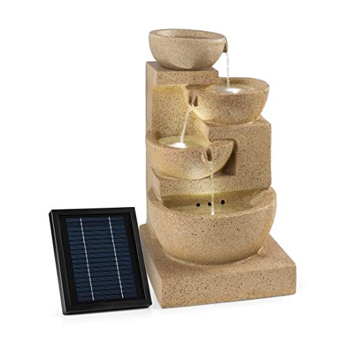 blumfeldt Korinth Golden Edition - Fuente de Agua, Fuente Decorativa, Panel Solar de 3 W, Iluminación LED, Bombeo 250 l/h, 4 Niveles de Cascada, Poliresina, Efecto Piedra Arenisca, Marrón Claro