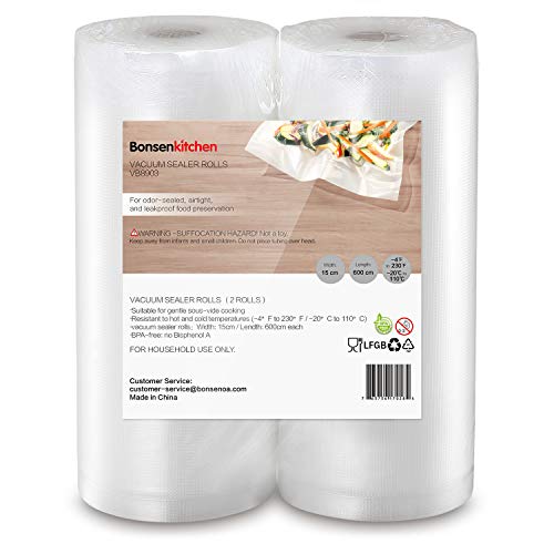 Bonsenkitchen Rollos al Vacio para Envasadora al Vacío, 2 Rollos 15 x 600cm Bolsas de Vacio Gofradas para Conservación de Alimentos y Sous Vide Cocina & Boilable - VB8903 Bonsenkitchen Rollos al Vacio para Envasadora al Vacío, 2 Rollos 15 x 600cm Bolsas de Vacio Gofradas para Conservación de Alimentos y Sous Vide Cocina & Boilable - VB8903