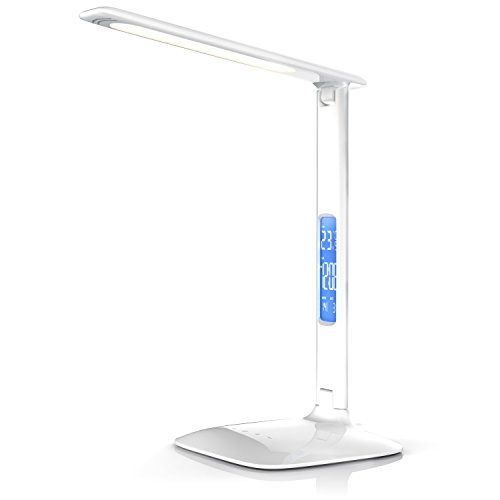 Brandson - Lámpara de Escritorio LED de Intensidad Regulable - luz en 3 Colores: frío, cálido y Blanco Neutro - 5 Niveles de luminosidad – Calendario y Alarma de Temperatura - Blanco