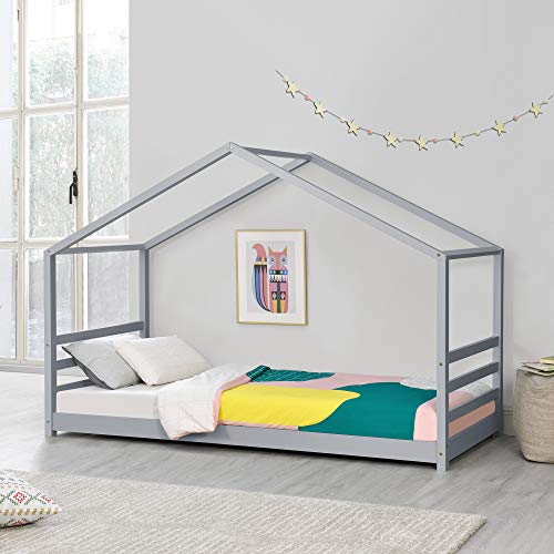 Cama para niños de Pino 200 x 90 cm Cama Infantil Forma de casa en Color Gris Lacado Mate