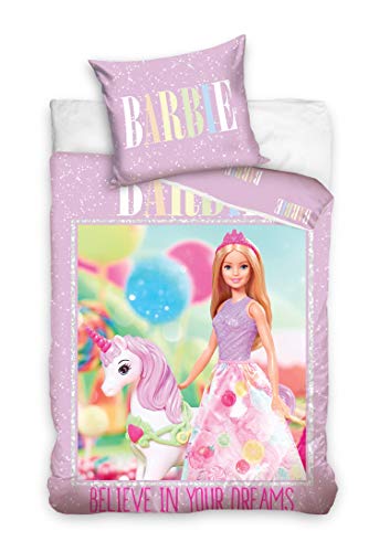 Carbotex Ropa de cama Barbie 135 x 200 + 80 x 80 cm, funda nórdica 100% algodón