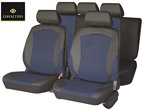 Carfactory - Juego de fundas de asiento para coche, Universales, modelo POLIPIEL, color azul y gris, 9 piezas.