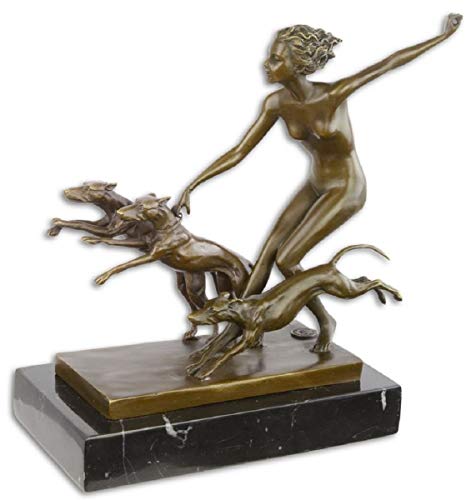 Casa Padrino Escultura de Bronce Mujer con 3 Perros Bronce/Oro/Negro 21,8 x 10,8 x H. 22,9 cm - Figura de Bronce con Base de Mármol - Figura Deco